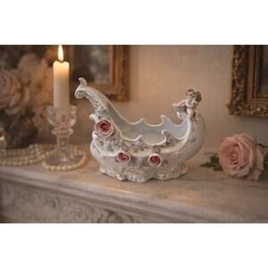 Vintage Porcelain Cherub Sleigh Centerpiece Roses Gold Trim Hand Painted Japan